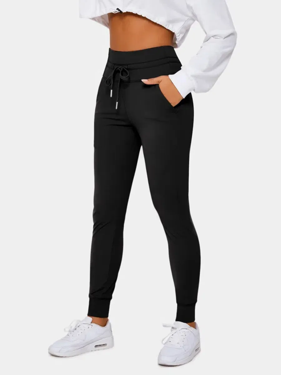 Softlyzero Airy High Waisted Drawstring Side Pocket Plain Full Length Joggers