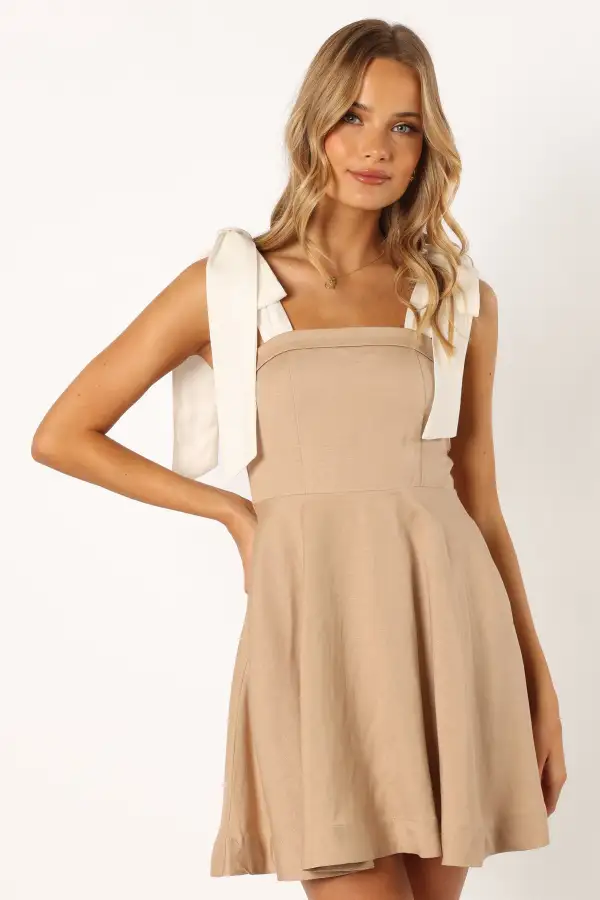 Darla Bow Tie Mini Dress - Tan White