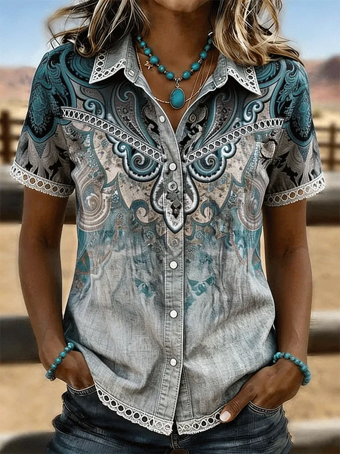 Women's Turquoise Paisley Print Lace Trim Western Short Sleeve Shirt