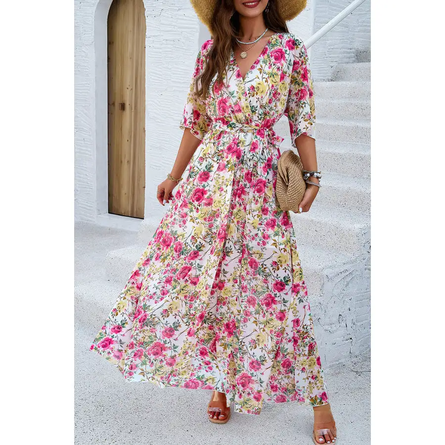 Printed Tied Half Sleeve Slit Dress