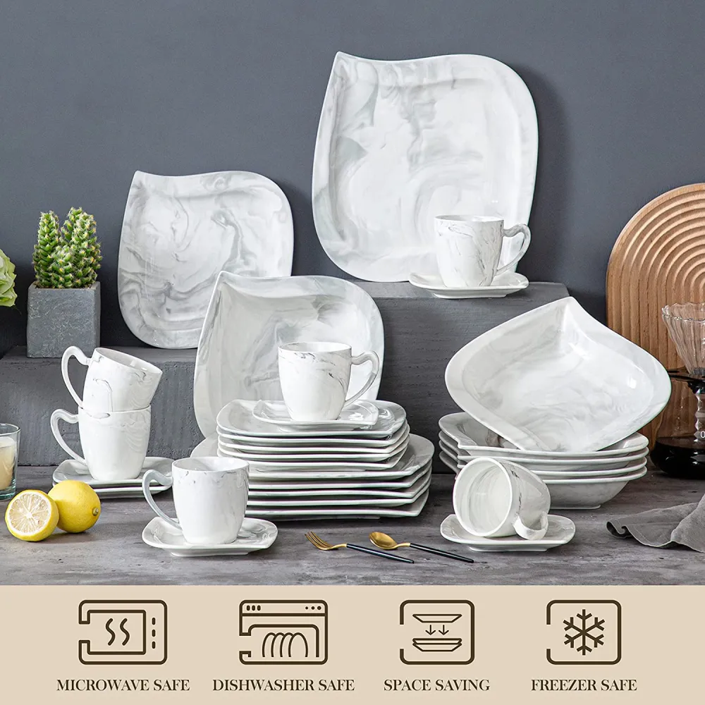 MALACASA Dish Set for 12, 60 Piece Marble Grey Square Dinnerware Sets, Porcelain Dinner Set with Plates and Bowls Sets, Cups and Saucers, Dishware Sets Kitchen Dishes Microwave Safe, Series Blance