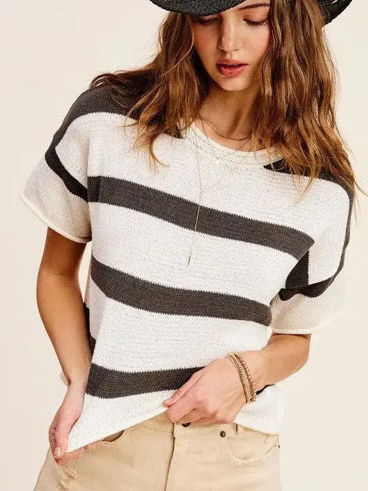 Todays Mood Expresso and Ambition Stripe Short Sleeve Sweater Top