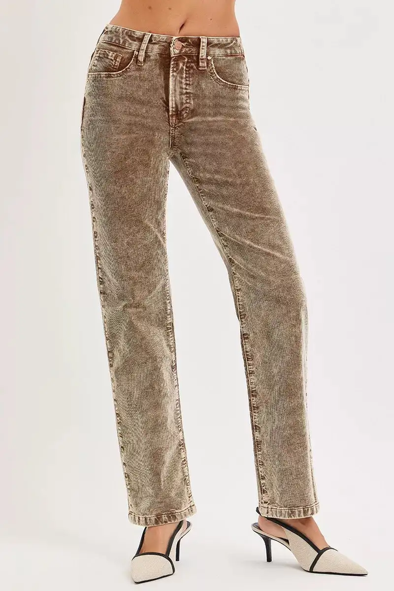 Tummy Control Mid Rise Straight Leg Corduroy Pants