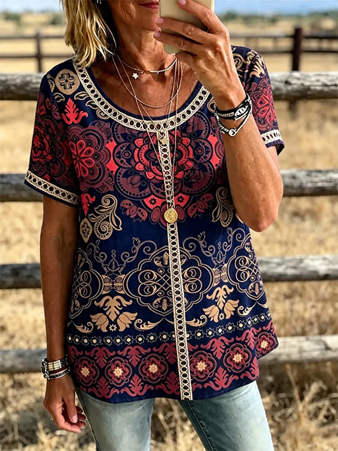 Mandala Print Trim Short Sleeve Western Casual Blouse