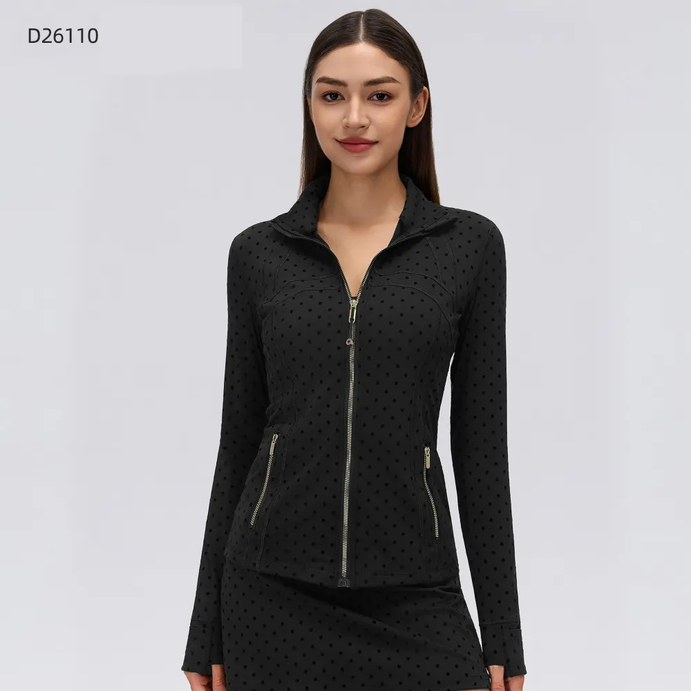 Women's Summer Long Sleeve Zip-Up Jacket, Stand Collar Polka Dot Texture Slim Fit Athletic Jacket for Skirts or Shorts, Nylon Spandex Brushed Fabric Stretchy Sports Outerwear for Yoga