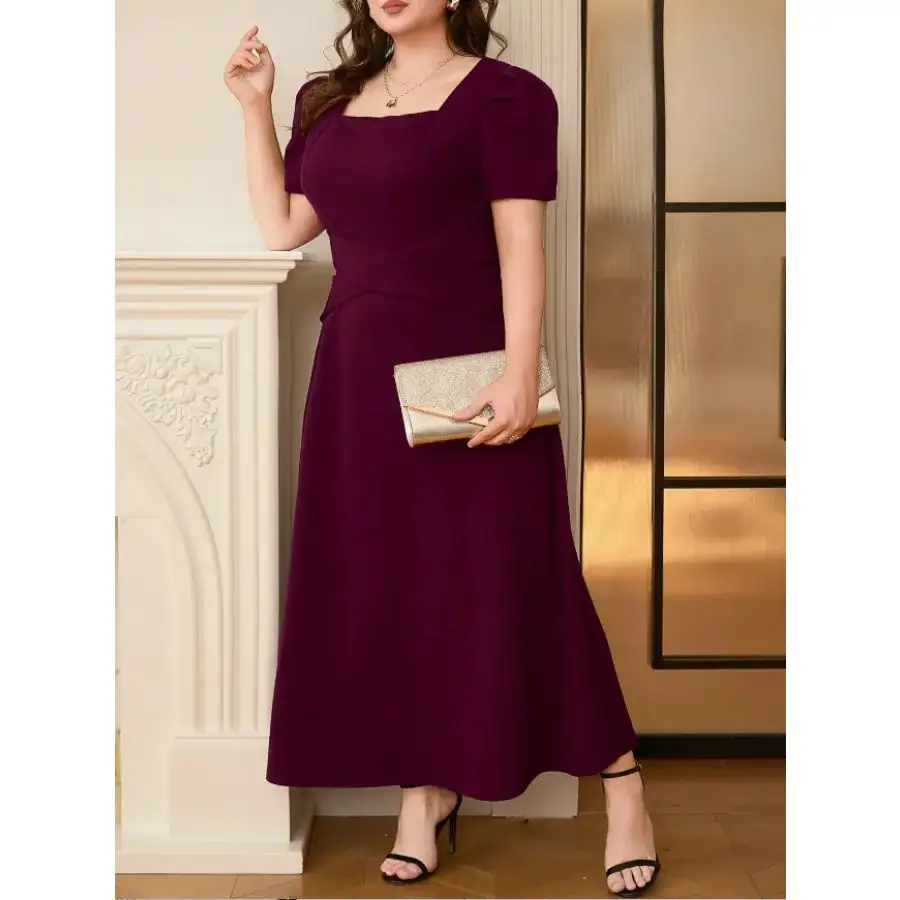 Plus Size Square Neck Puff Sleeve Midi Dress