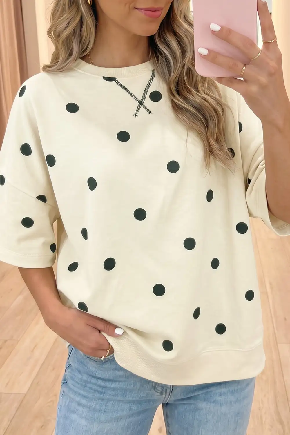 Polka Dot Print Crossed Seam Detail Oversize Tee