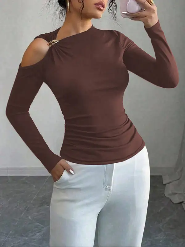 Long Sleeve Slim Fit Asymmetric Neckline T-Shirt