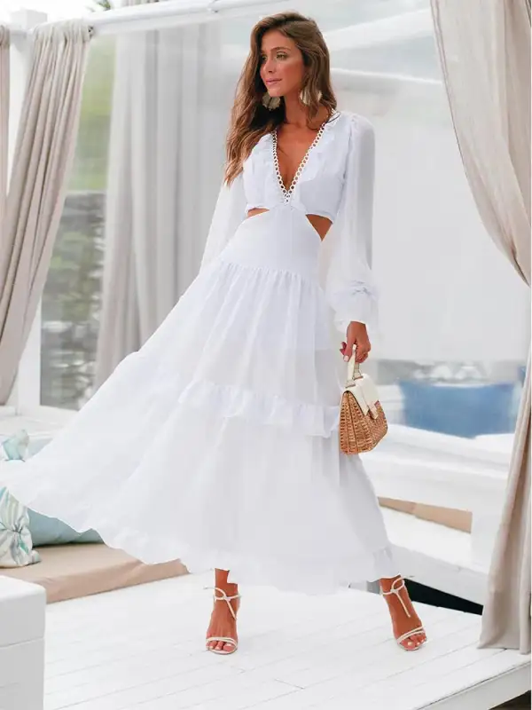 Sardinian Summer White Ruffle Cut Out Waist Maxi Dress