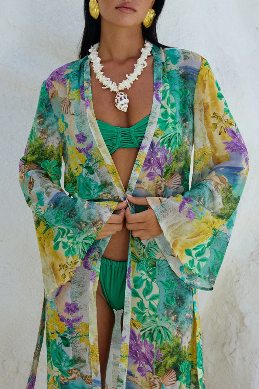 Green Printed Long Rash Guard Swimsuit