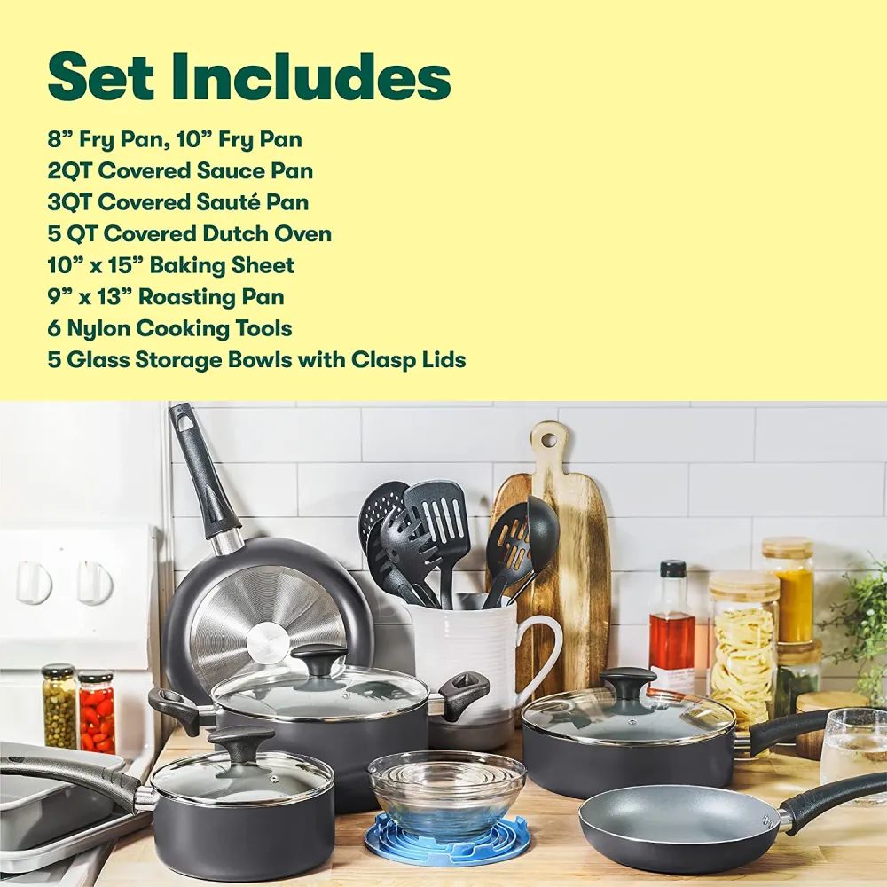 21 Piece Cook Bake and Store Set, Kitchen Essentials for First or New Apartment, Assorted Non Stick Cookware, 9 Nylon Hassle-Free Cooking Tools, 5 Glass Storage Bowls w Lids, BPA & PFOA Free