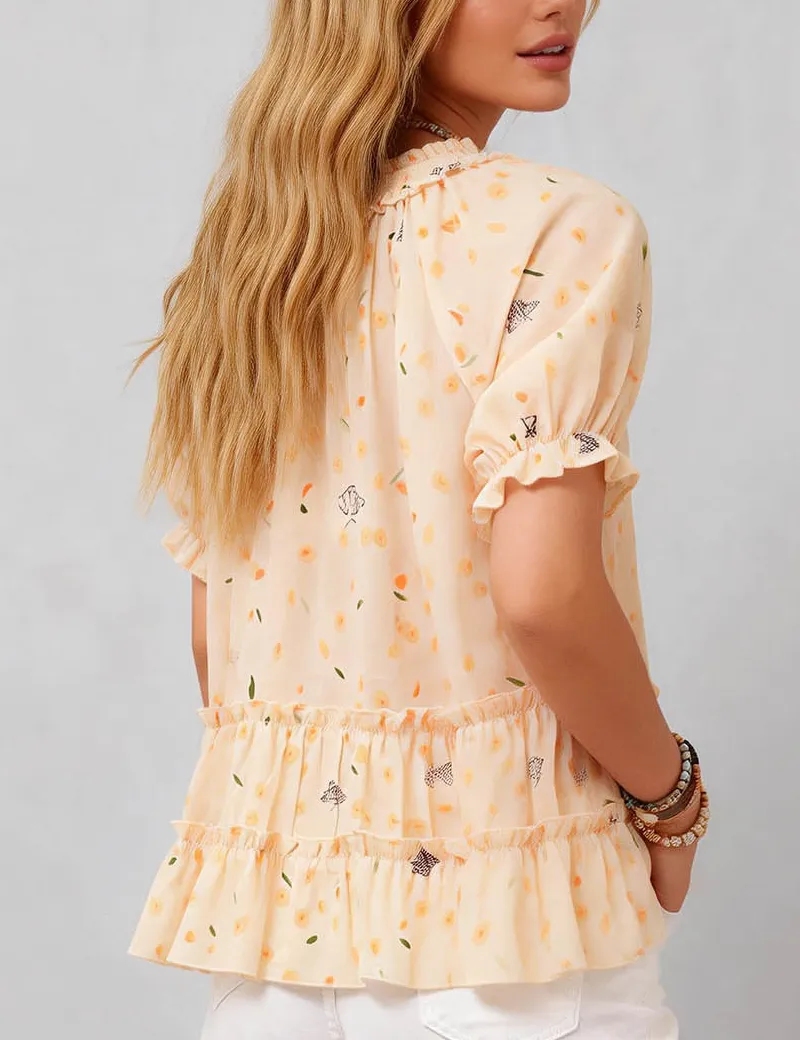 Ruffle Hem Neck Short Sleeves Babydoll Blouse