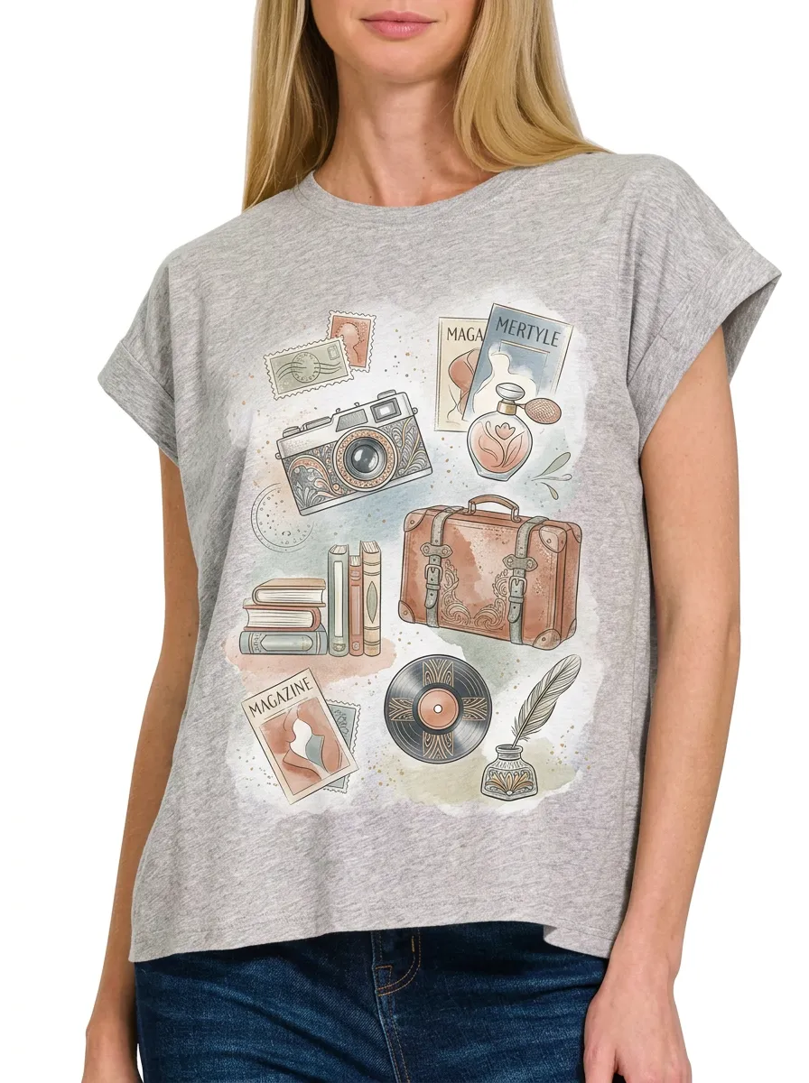 Women's Vintage Travel Aesthetic Camera Suitcase Printed T-shirt