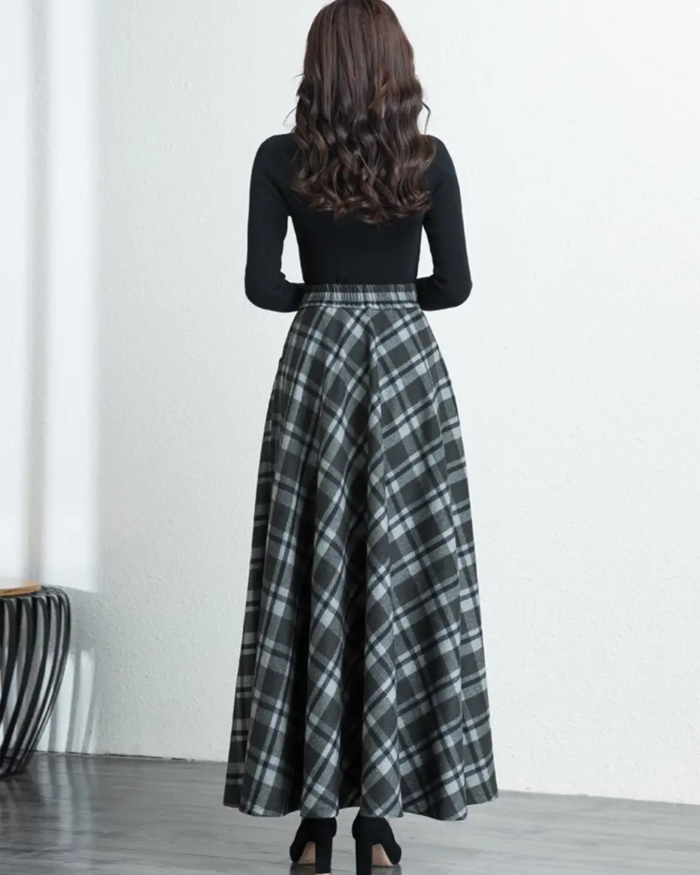 Relaxed Plaid Wool Maxi Skirt