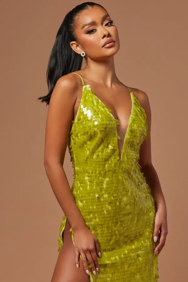 Fiona Sequin Midi Dress - Chartreuse