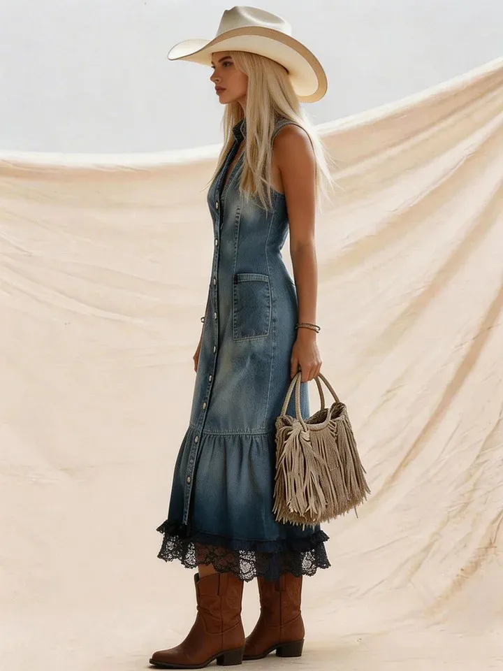 Western Retro Lace-Trimmed Blue Washed Denim Sleeveless Button-Down Maxi Dress
