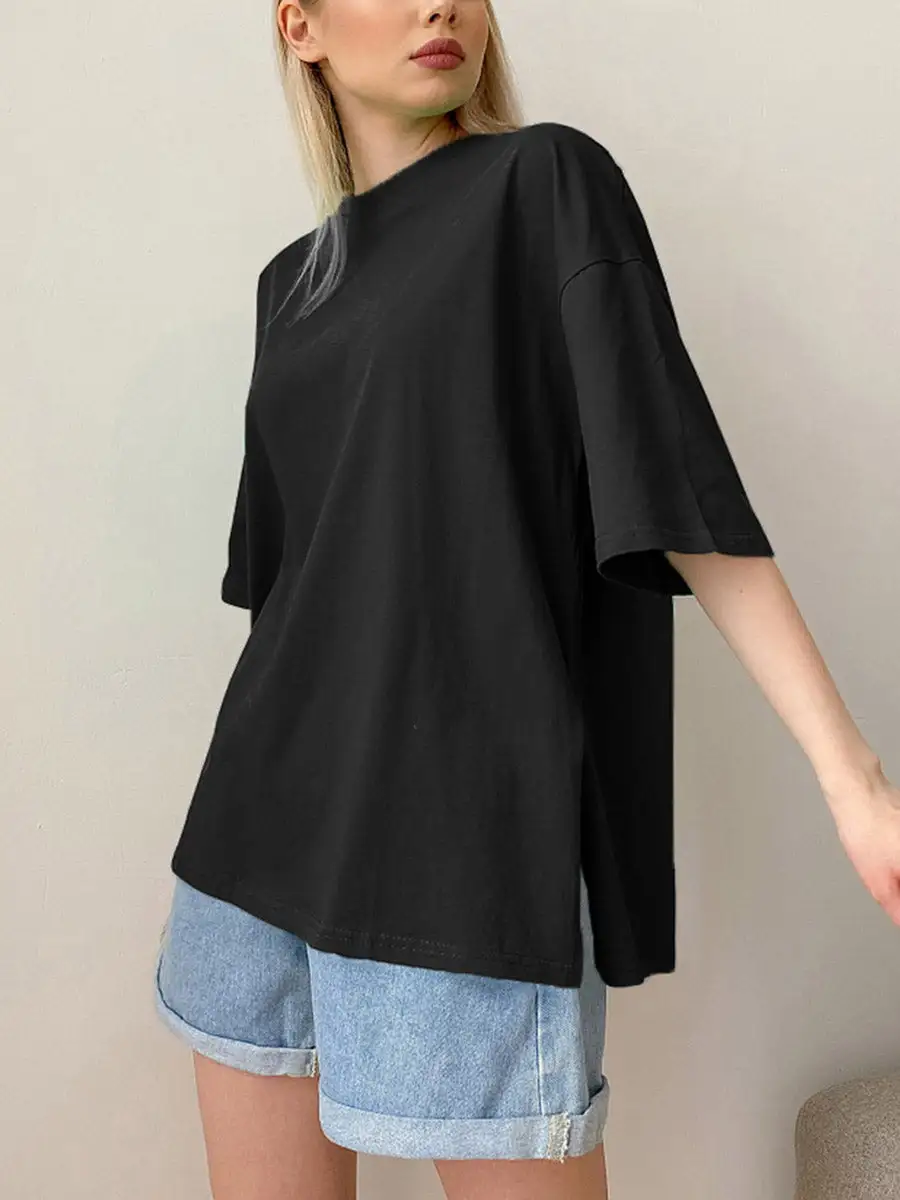Relaxed Short Sleeve Side Slit Round Neck T-Shirt