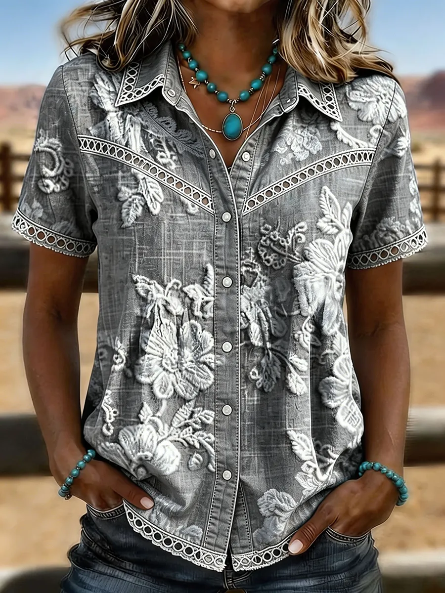 Women's Vintage Floral Embossed Lace Trim Western Short Sleeve Shirt