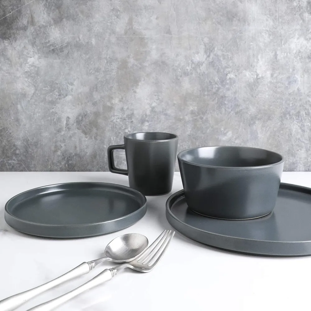 Stone Lain Coupe Dinnerware Set, Service For 8, Black Matte