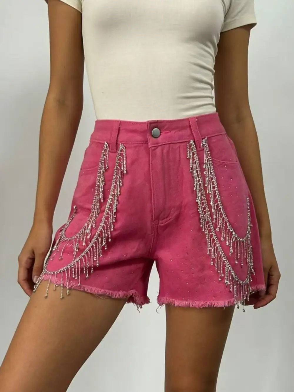 Rhinestone Chain Raw Hem Casual Shorts