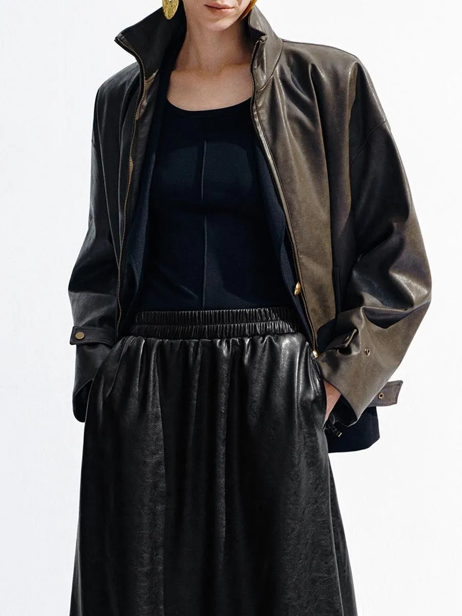 A Deep Green High-Neck Retro-Style Leather Jacket For Ladies