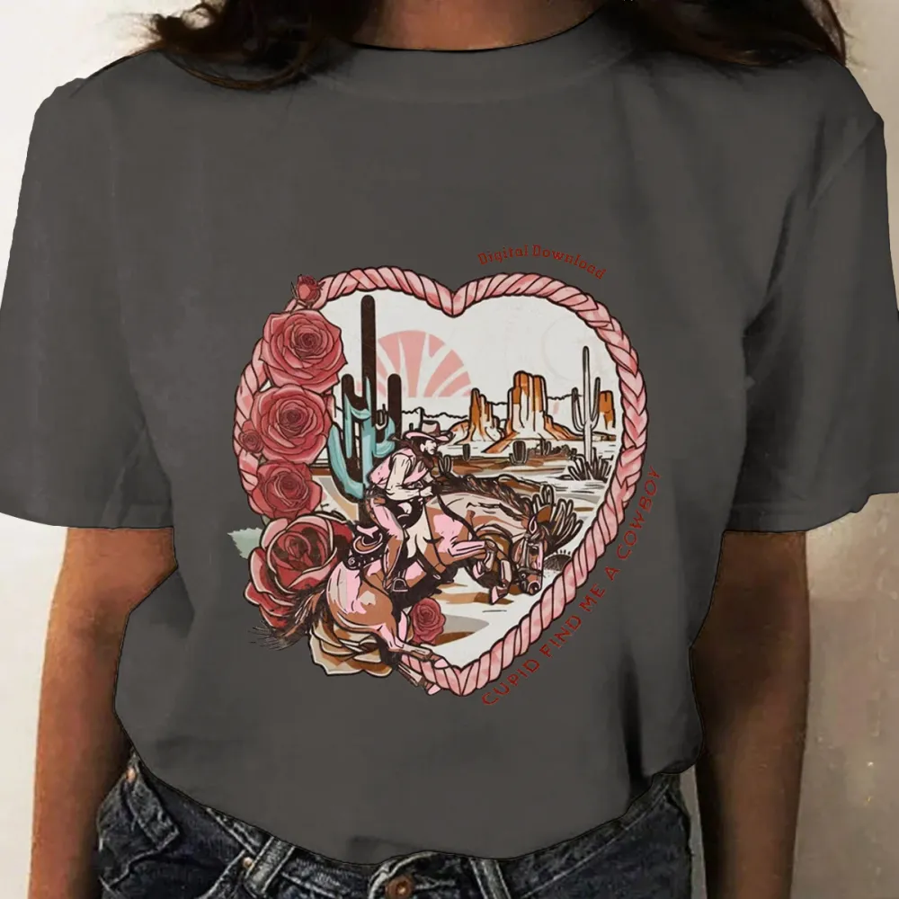 With A Desert And Sunrise Scene In The Background, Western Cowboy Style Casual T-Shirt