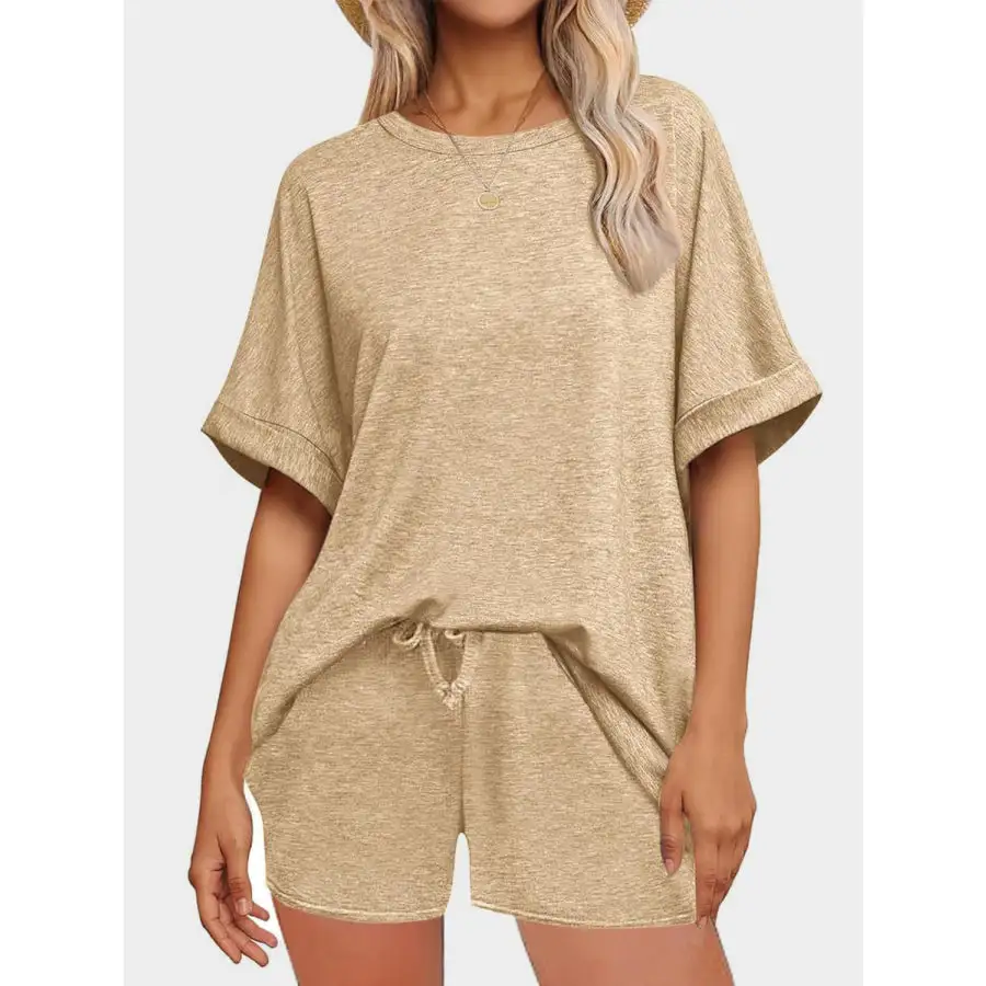 Round Neck T Shirt and Drawstring Shorts Set