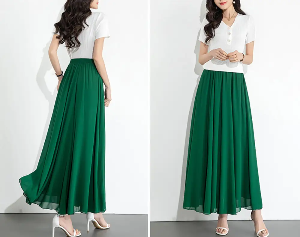 Flowy Elastic Waist Chiffon A Line Maxi Skirt