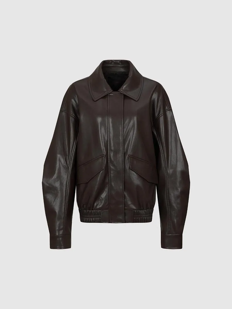 Lady's Dark Brown Square-Neck Retro-Style Leather Jacket