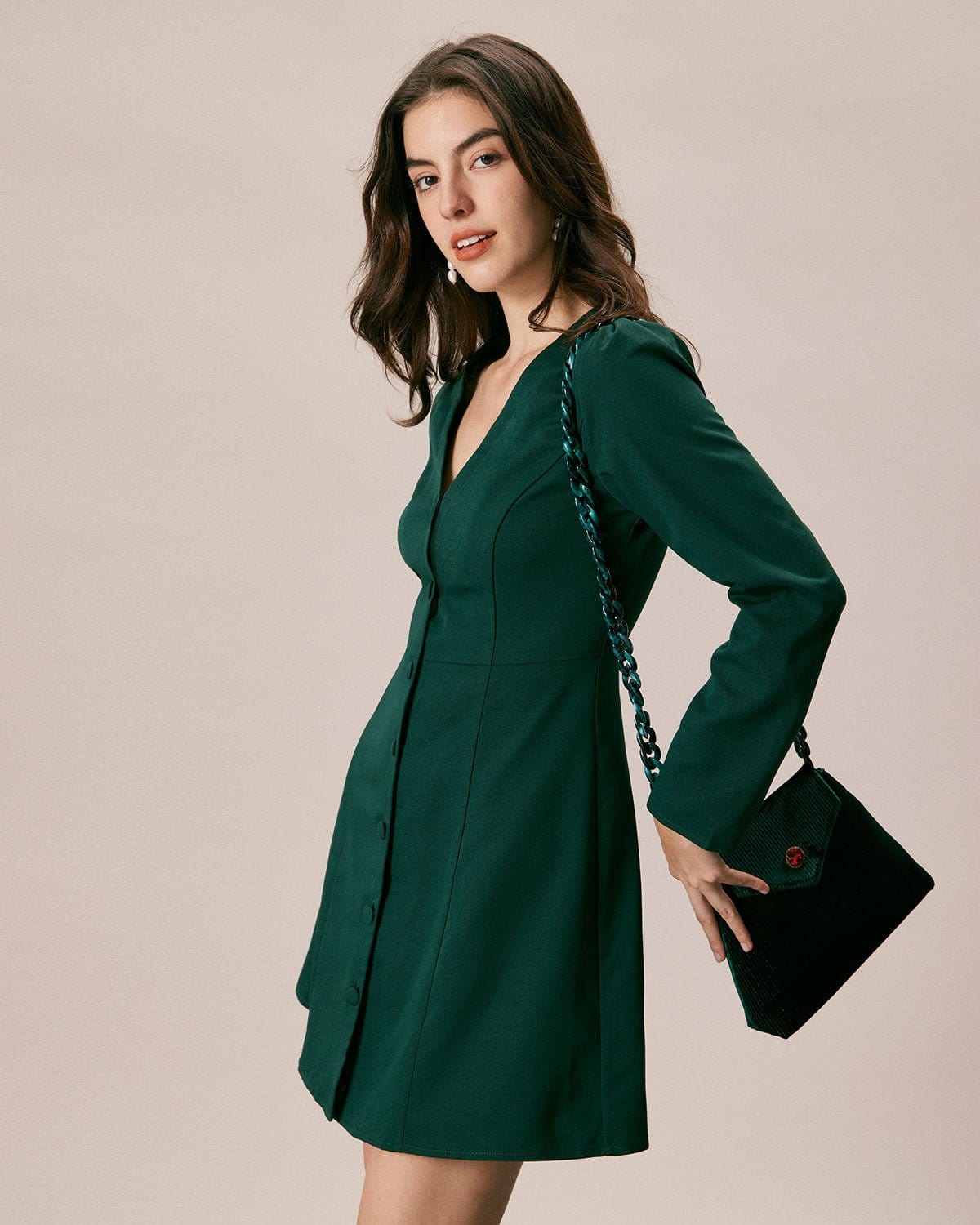 The Green V Neck Button Shirt Mini Dress