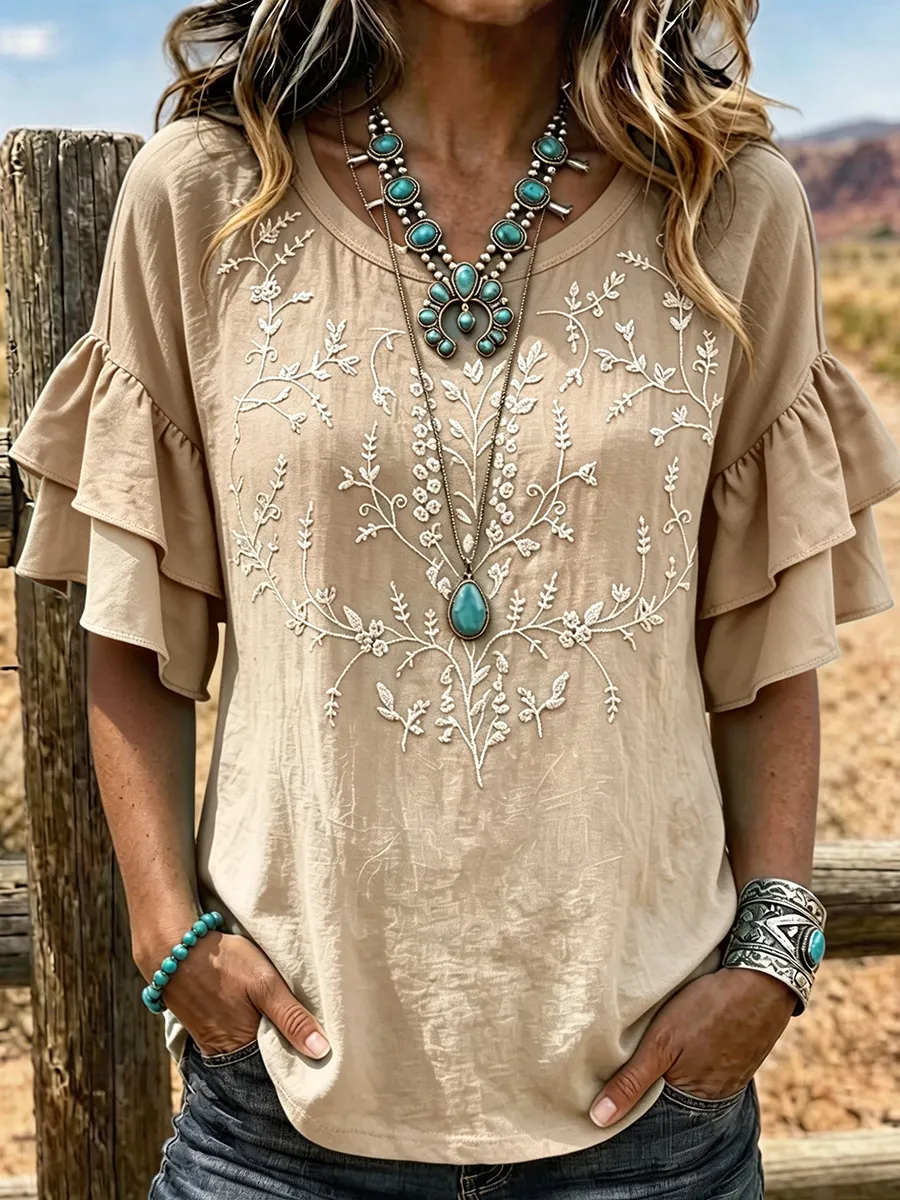 Women's Ombre Floral Embroidered Ruffle Sleeve Western Top