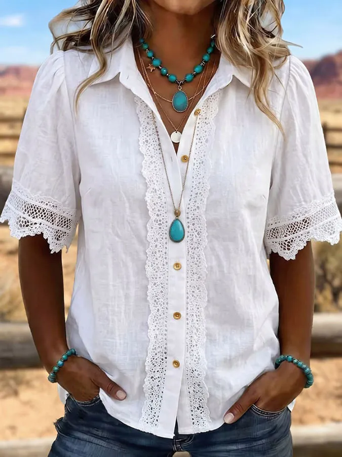 Women'S Vintage Art Patchwork Hollow Design Cotton Shirt