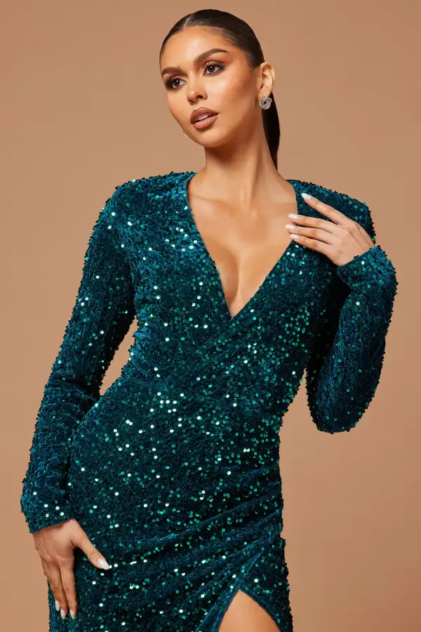 Sierra Marie Sequin Gown - Teal