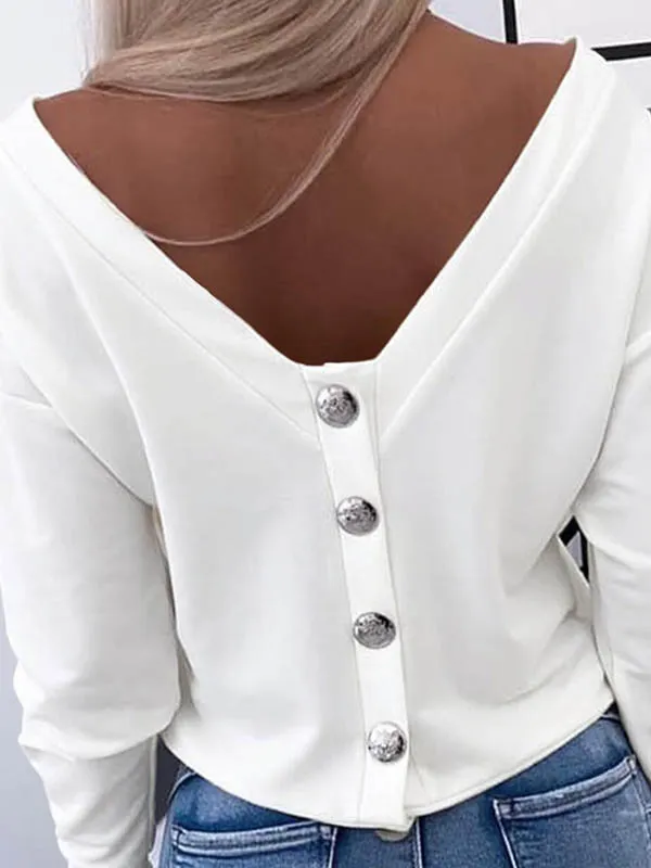 Long Sleeve Relaxed Button Detail Round Neck T-Shirt
