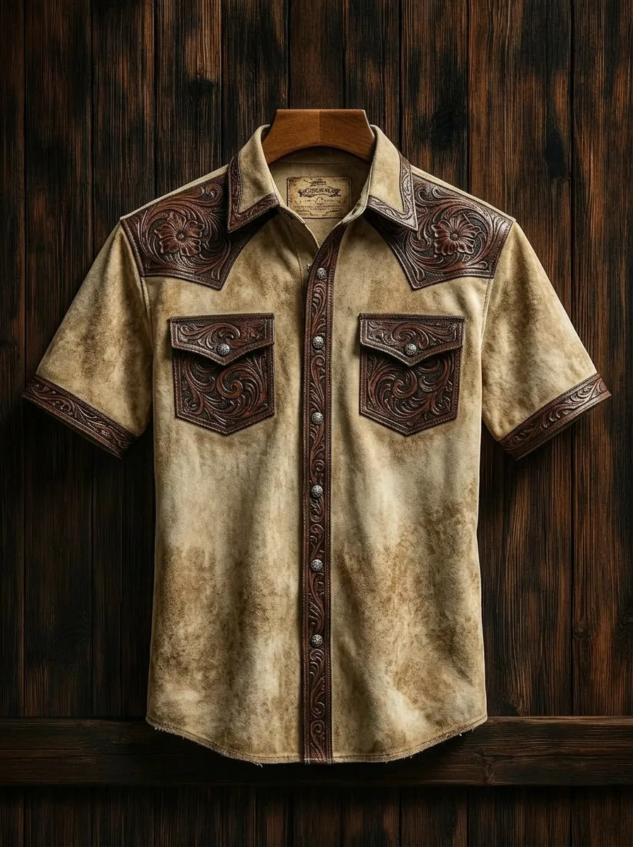 Men's Western Cowboy Floral Tooled Leather Printed Shirt-4