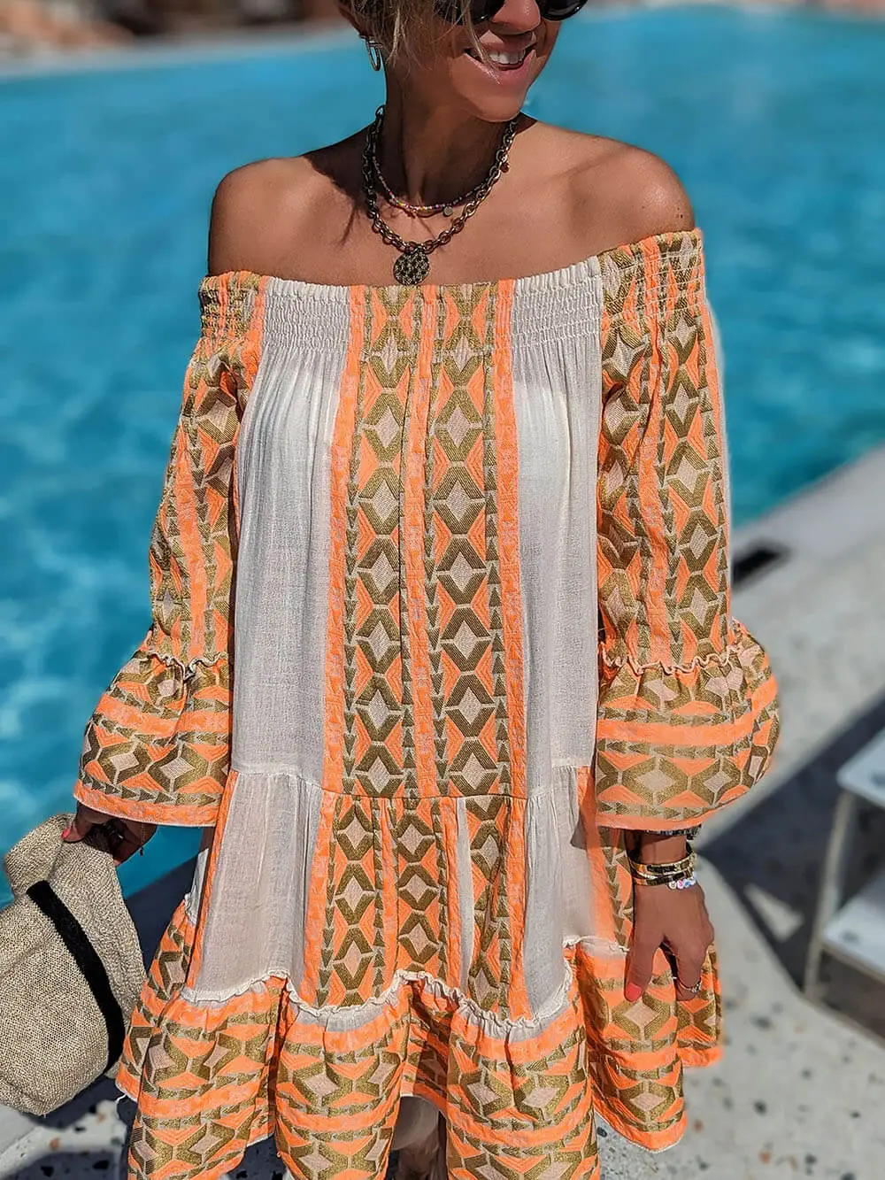 Linen Blend Ethnic Print Off Mini Dress