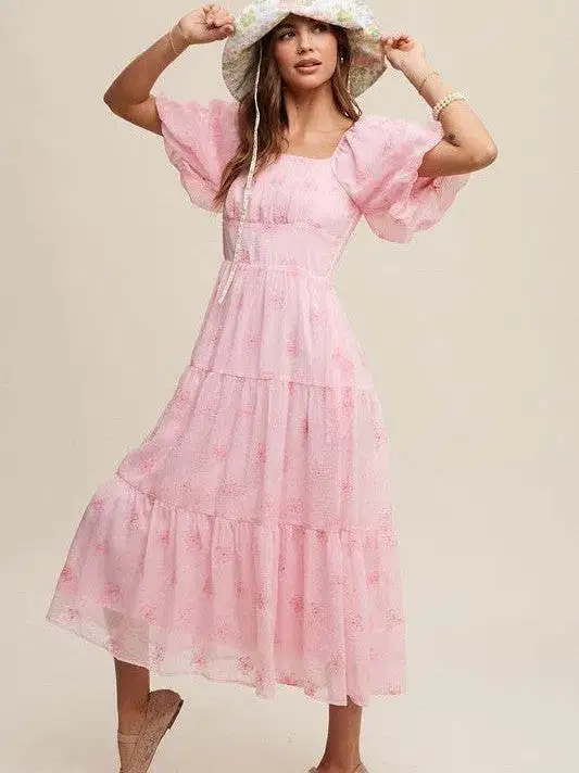 Listen to your Heart Flower Embroidered Puff Sleeve Tiered Maxi Dress