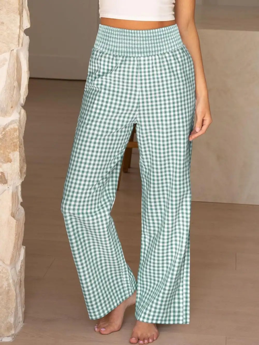 Gingham High Waist Wide Leg Pants