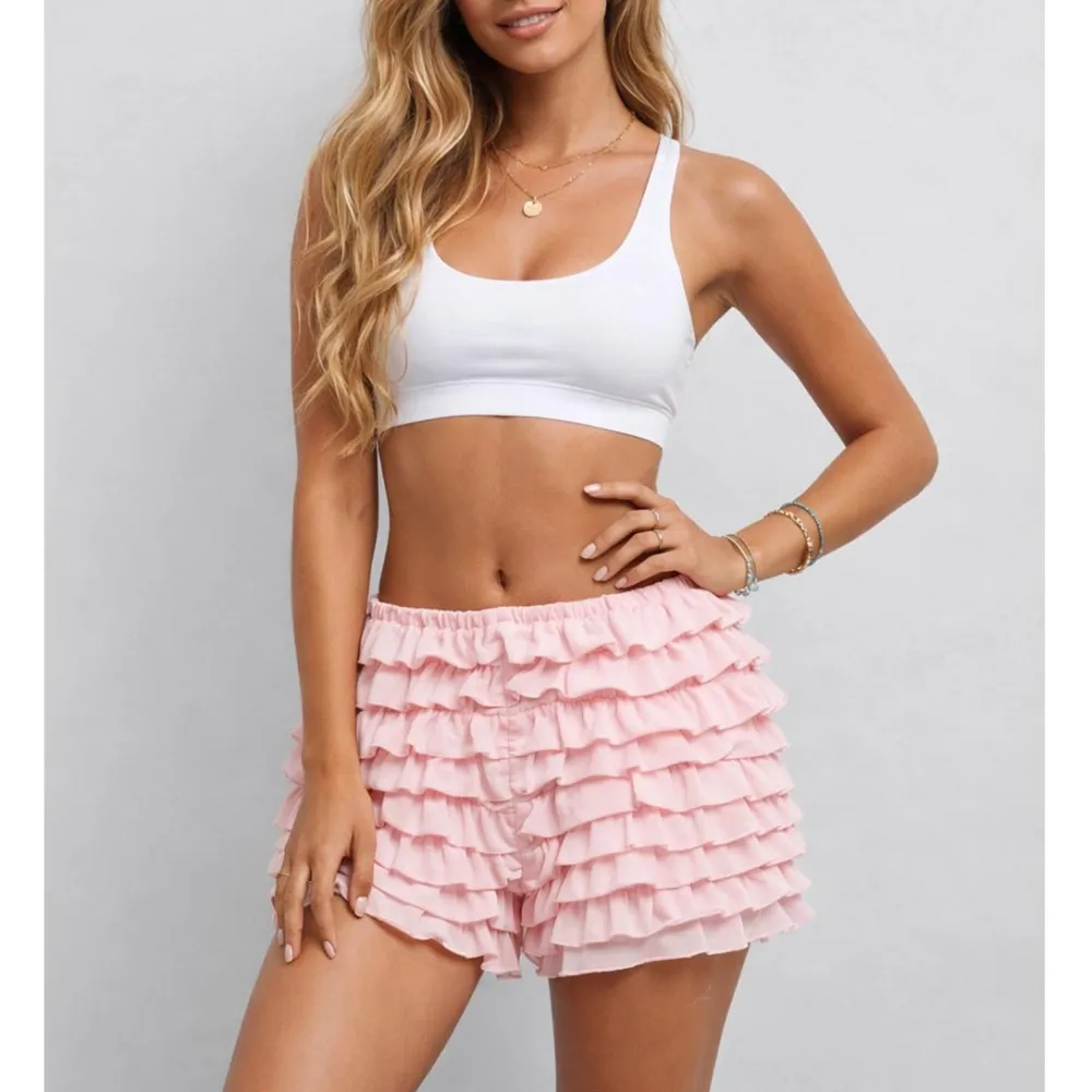 Tiered Ruffle Solid Color Elastic Waist Mini Shorts