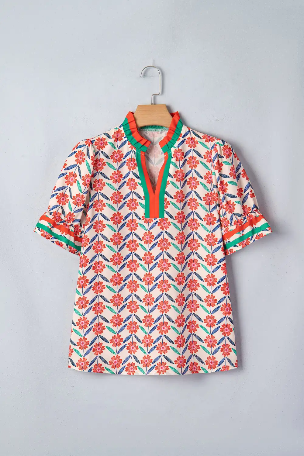 Red Floral Print Striped Detail V Neck Ruffled Short Sleeve Blouse