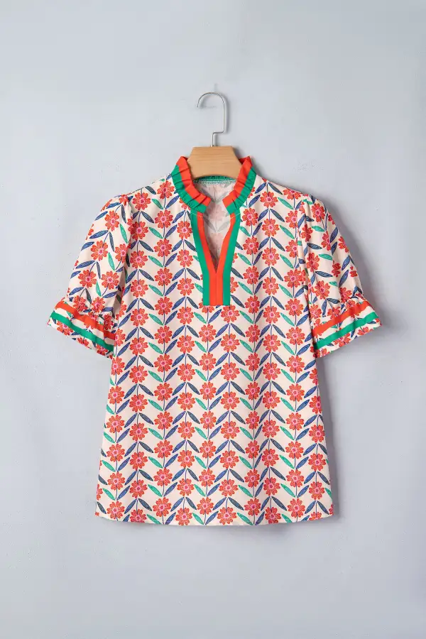 Red Floral Print Striped Detail V Neck Ruffled Short Sleeve Blouse
