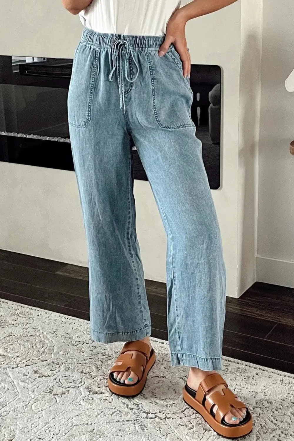 Loose Drawstring Myosotis Mineral Waist Straight Jeans