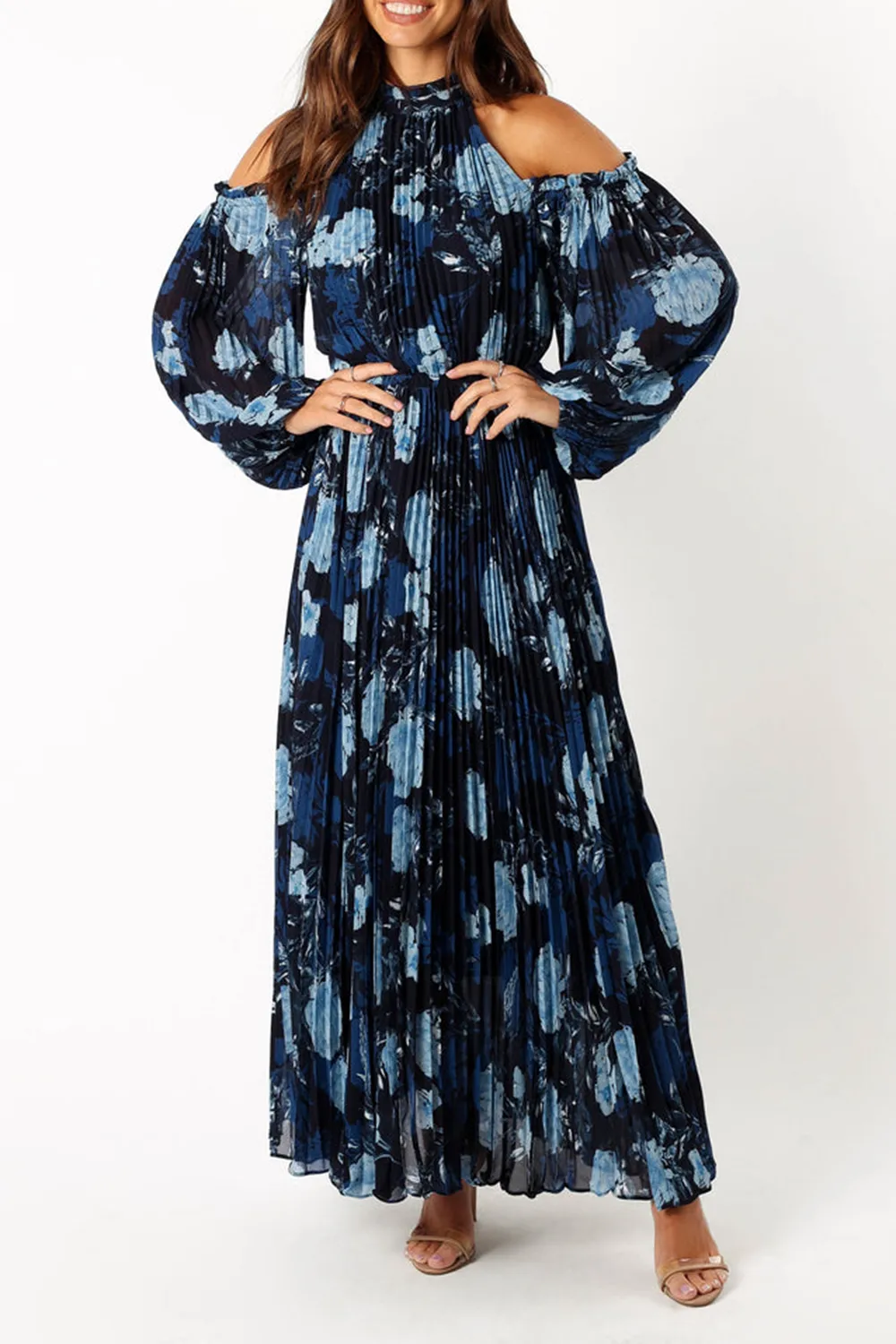 HILARY PLEATED MAXI DRESS - BLUE FLORAL