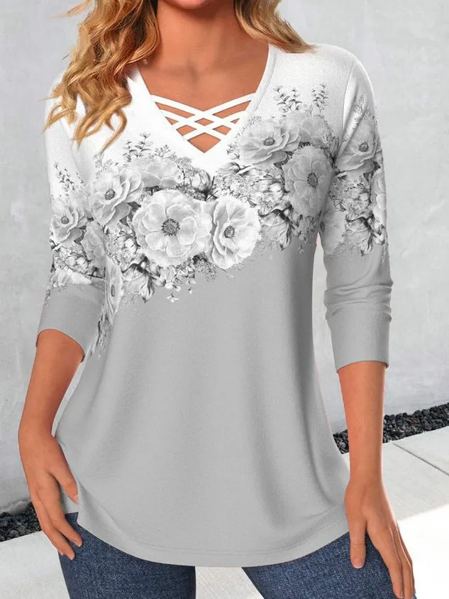 Casual Floral V Neck Long Sleeve T-shirt