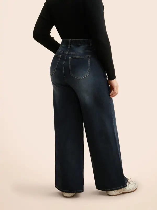 Dark Wash Elastic Waist Straight Leg Jeans