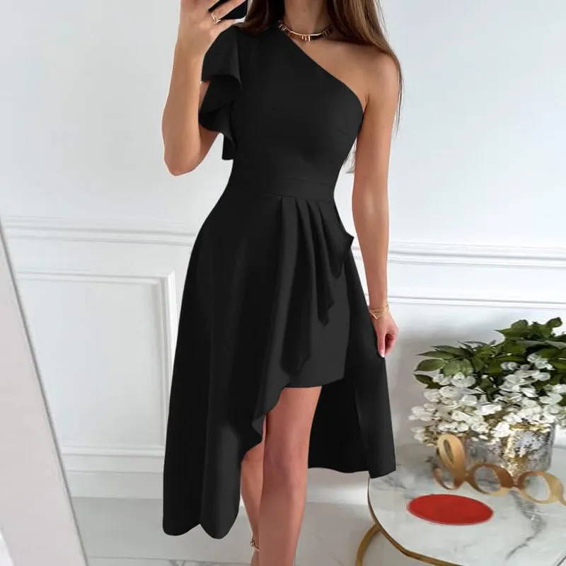 One Shoulder Solid Color Evening Dress