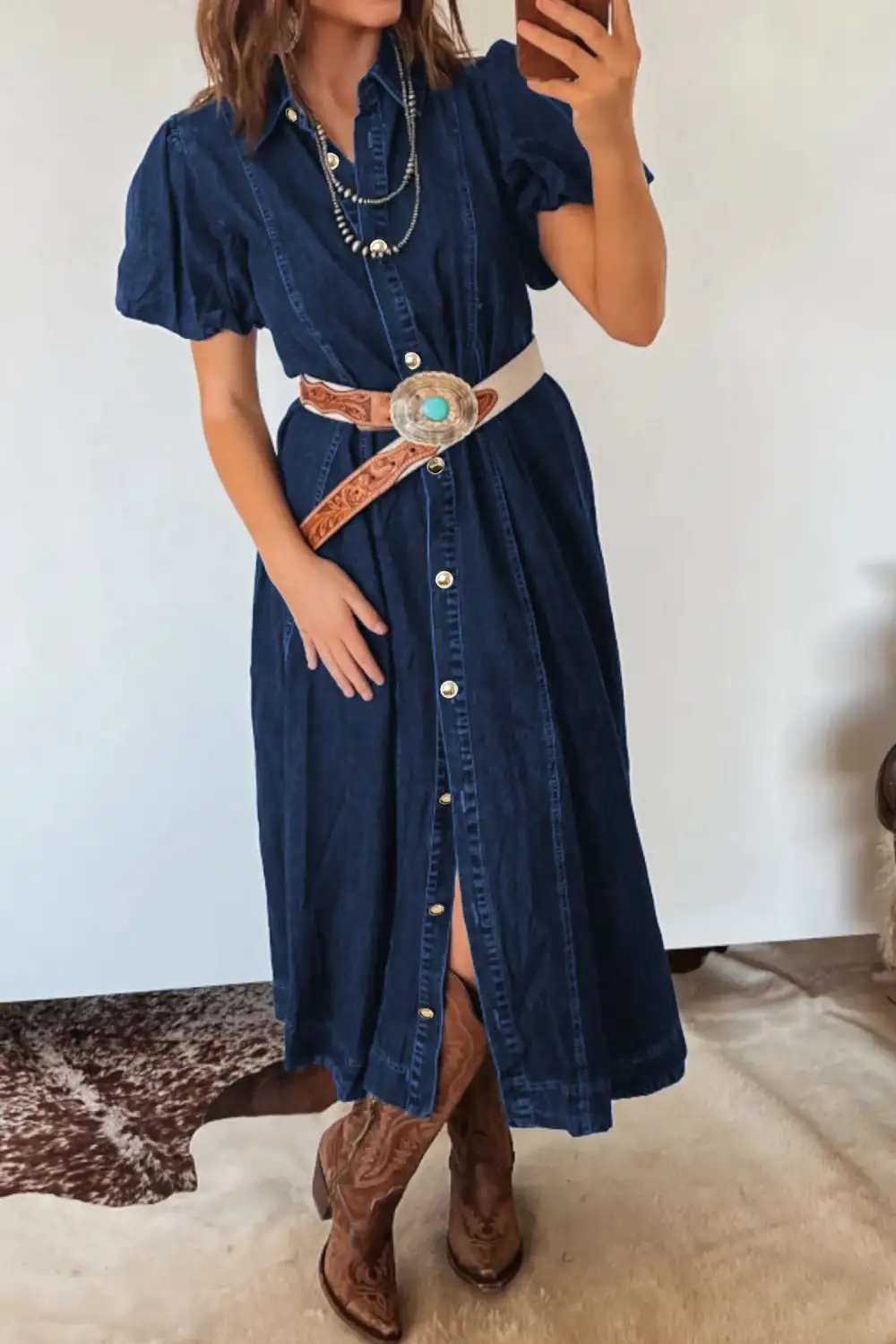 Denim Short Sleeve Collared Button Front Everyday Midi Dress