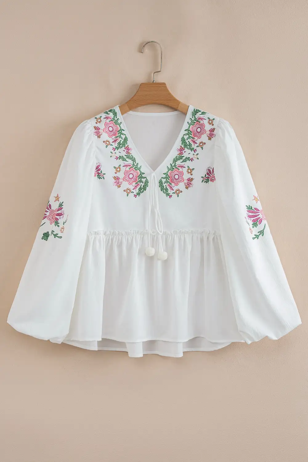 White Flower Lace-Up V Neck Babydoll Blouse