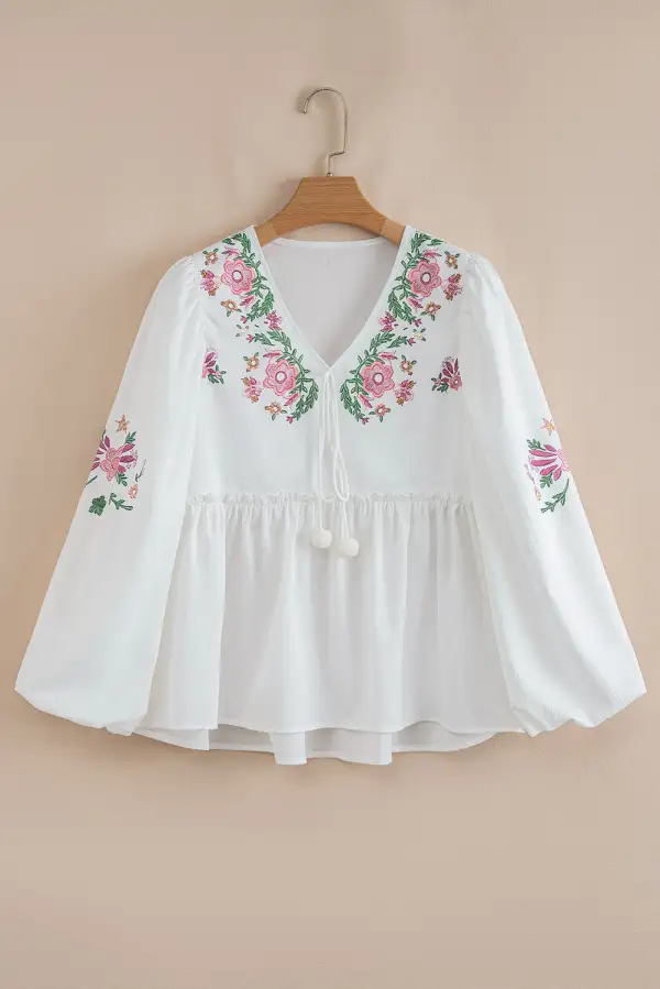 White Flower Lace-Up V Neck Babydoll Blouse