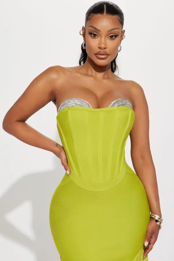 Gloria Bandage Embellished Gown - Chartreuse